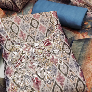 Blue Ikkat Printed Shimmer Cotton Silk Unstitched Dress Material with Elegant Beads Work