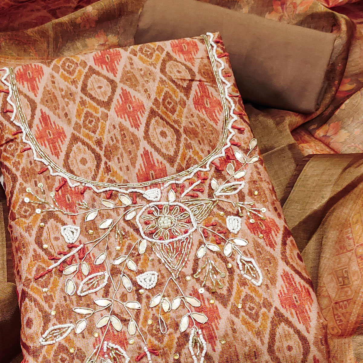Brown Ikkat Printed Shimmer Cotton Silk Unstitched Dress Material with Elegant Beads Work