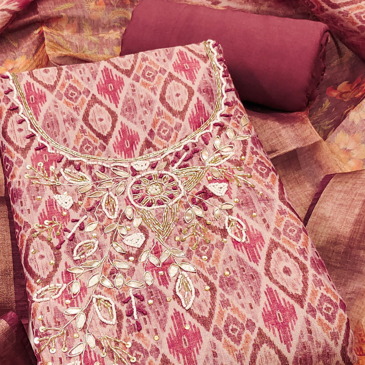 Mauve Ikkat Printed Shimmer Cotton Silk Unstitched Dress Material with Elegant Beads Work