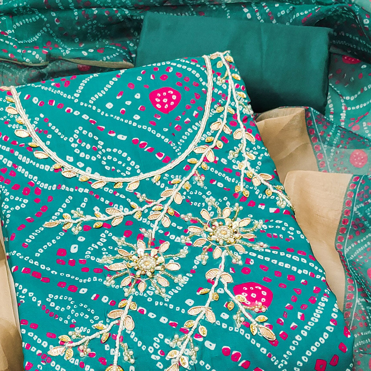 Rama Green Bandhani Print Unstitched Dress Material with Beautiful Gotta Patti Work for Festive Wear