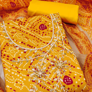 Yellow Bandhani Print Unstitched Dress Material with Beautiful Gotta Patti Work for Festive Wear