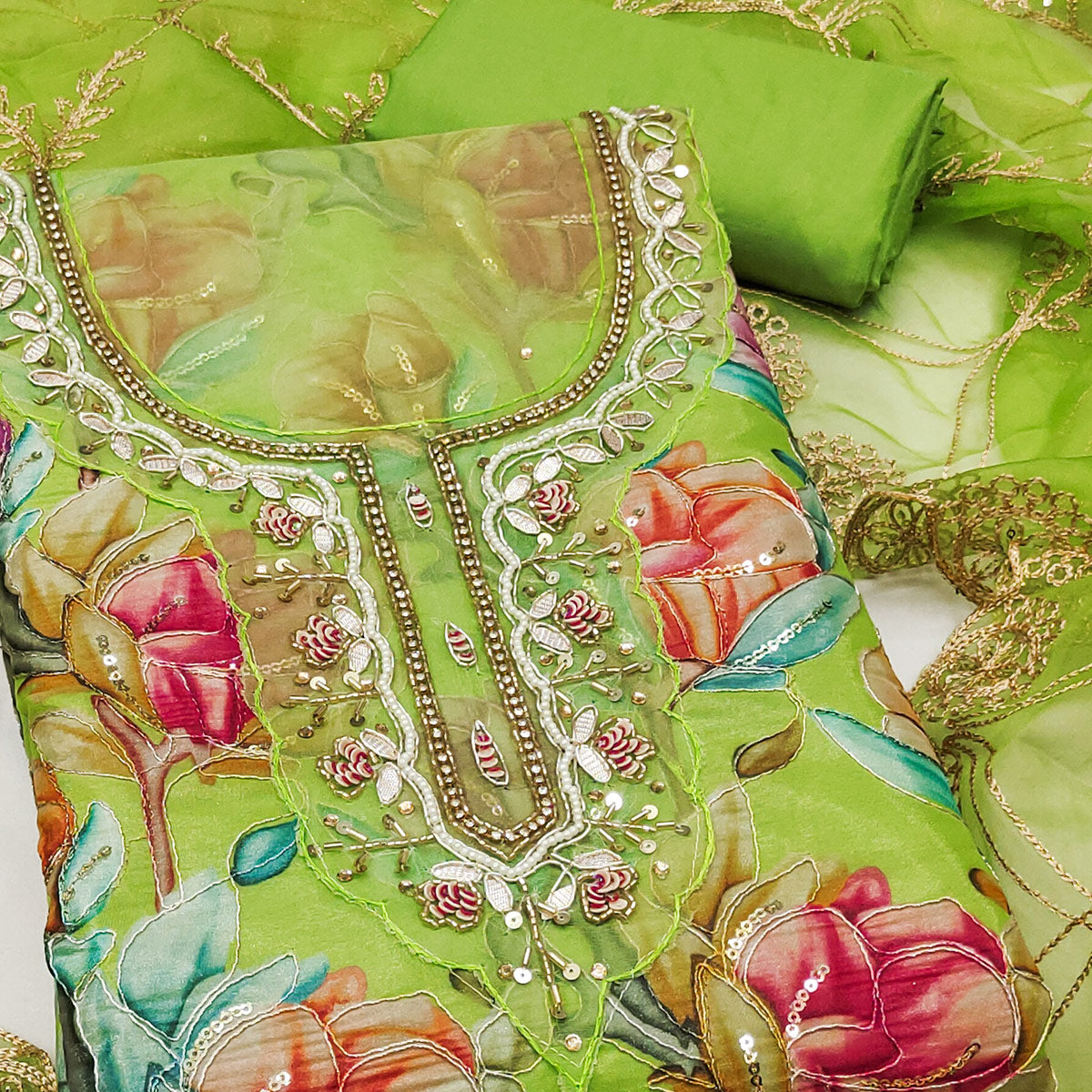 Green Floral Printed Organza Suit Fabric Adorned with Delicate Hand Beads Work