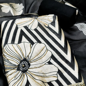 Black Digital Printed Cotton Silk Dress Material Featuring Floral & Zig Zag Patterns With Handwork