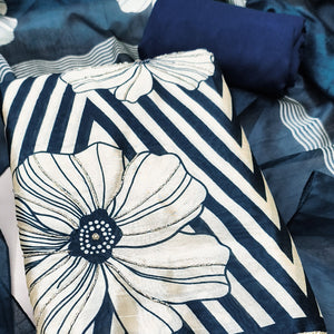 Blue Digital Printed Cotton Silk Dress Material Featuring Floral & Zig Zag Patterns With Handwork