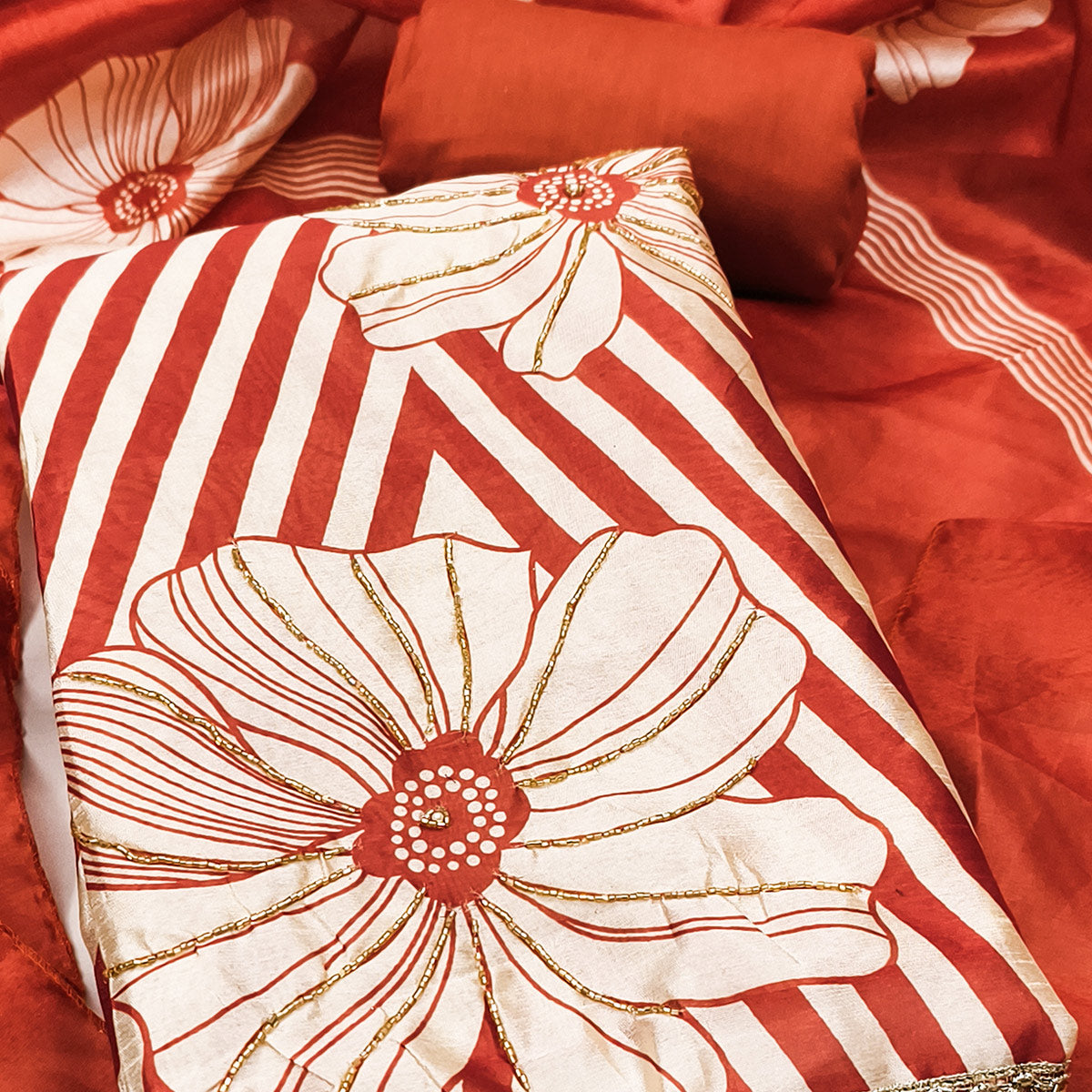 Rust Digital Printed Cotton Silk Dress Material Featuring Floral & Zig Zag Patterns With Handwork