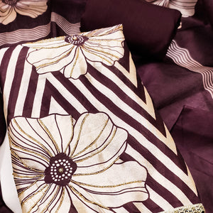 Wine Digital Printed Cotton Silk Dress Material Featuring Floral & Zig Zag Patterns With Handwork