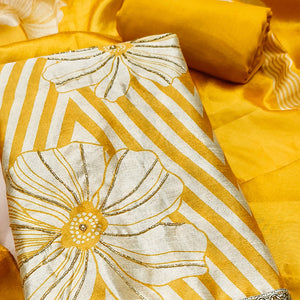 Yellow Digital Printed Cotton Silk Dress Material Featuring Floral & Zig Zag Patterns With Handwork