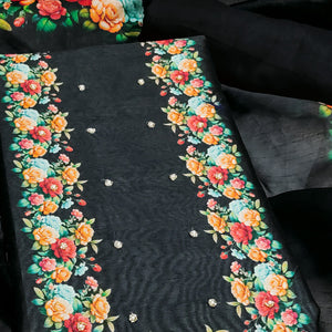Premium Black Floral Digital Printed Cotton Silk Dress Material With Moti Handwork