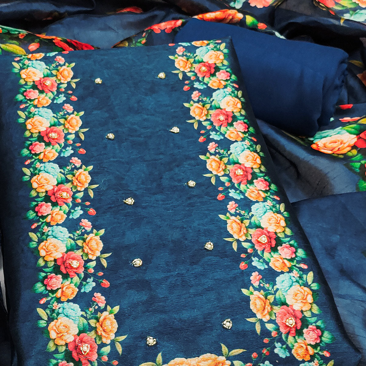 Premium Blue Floral Digital Printed Cotton Silk Dress Material With Moti Handwork
