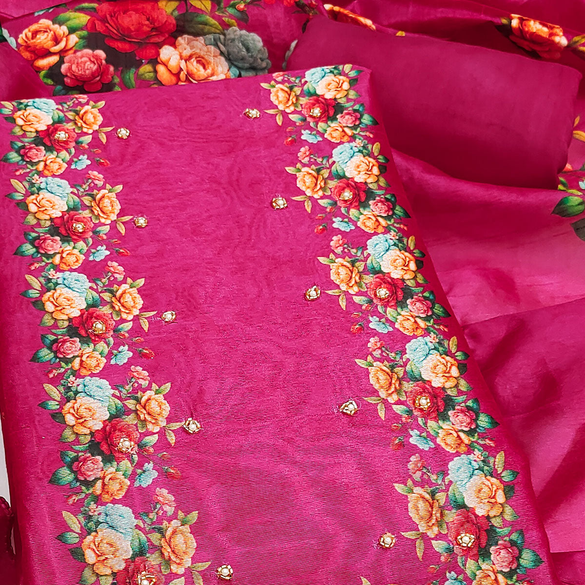 Premium Rani Pink Floral Digital Printed Cotton Silk Dress Material With Moti Handwork