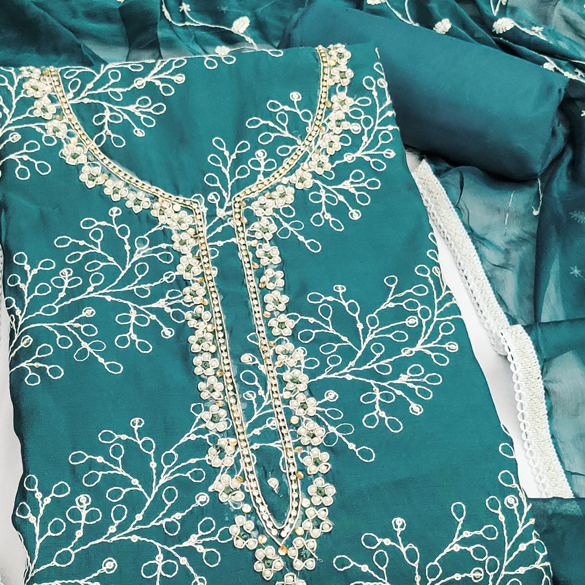 Exclusive Teal Floral Embroidery Cotton Silk Dress Material Enhanced With Moti & Sequins Work