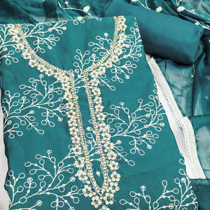 Exclusive Teal Floral Embroidery Cotton Silk Dress Material Enhanced With Moti & Sequins Work