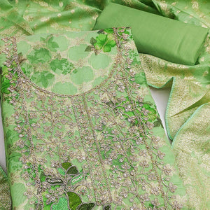 Designer Green Floral Weaving Banarasi Silk Dress Material With Intricate Cording Embroidery