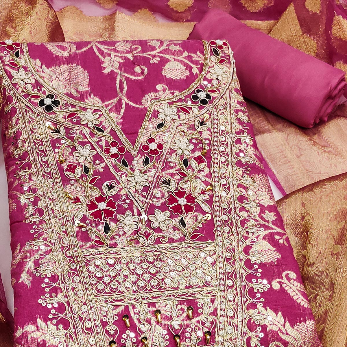 Pink Banarasi Silk Dress Material Featuring Floral Weaving With Cording & Sequins Embroidery