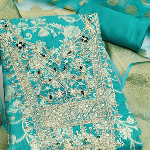 Turquoise Banarasi Silk Dress Material Featuring Floral Weaving With Cording & Sequins Embroidery