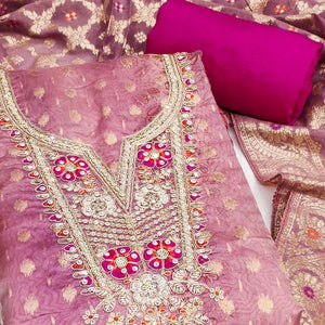 Elegant Light Magenta Floral Weaving & Digital Print Organza Dress Material With Cording Embroidery