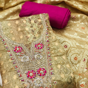 Elegant Mehendi Green Floral Weaving & Digital Print Organza Dress Material With Cording Embroidery