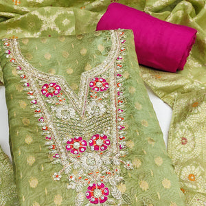 Elegant Pista Green Floral Weaving & Digital Print Organza Dress Material With Cording Embroidery