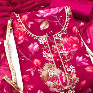 Exclusive Pink Floral Printed Cotton Silk Dress Material Adorned With Beads & Moti Handwork