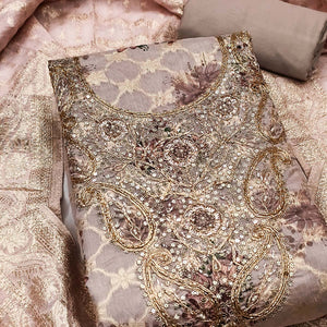 Pastel Mauve Floral Weaving & Digital Printed Banarasi Silk Dress Material With Cording Embroidery