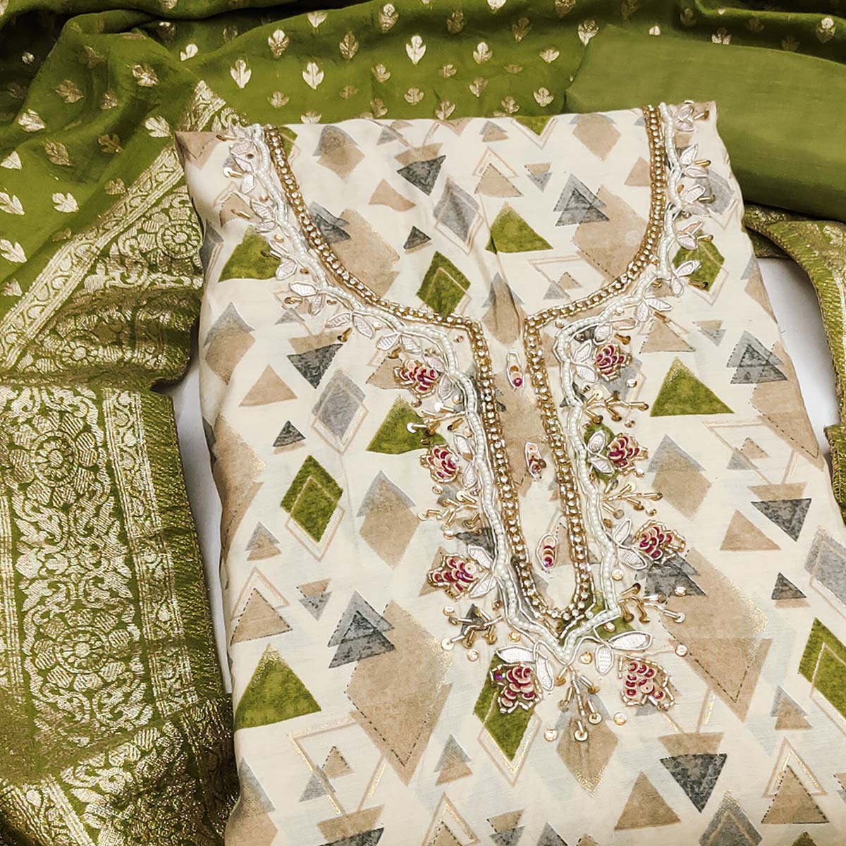 Premium Green Geometric Print Cotton Silk Dress Material Featuring Moti & Sequins Handwork