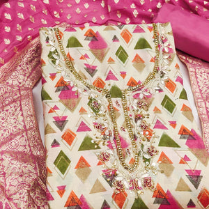 Premium Pink Geometric Print Cotton Silk Dress Material Featuring Moti & Sequins Handwork