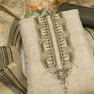 Exclusive Light Olive Floral Print Shimmer Dress Material Adorned With Swarovski Embellishments