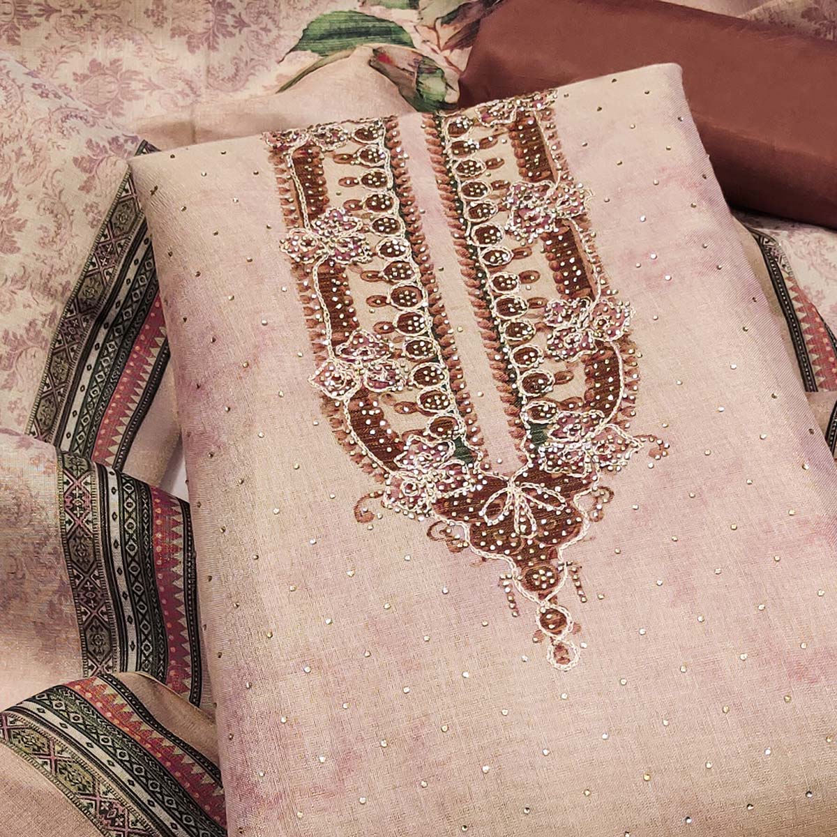 Exclusive Peach Floral Print Shimmer Dress Material Adorned With Swarovski Embellishments