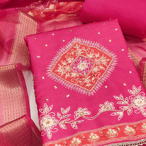 Classic Rani Pink Floral Digital Printed With Stone Work Rayon Dress Material