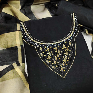 Elegant Black Beads & Sequins Handwork Chanderi Cotton Dress Material With Weaving Striped Pattern