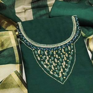 Elegant Green Beads & Sequins Handwork Chanderi Cotton Dress Material With Weaving Striped Pattern