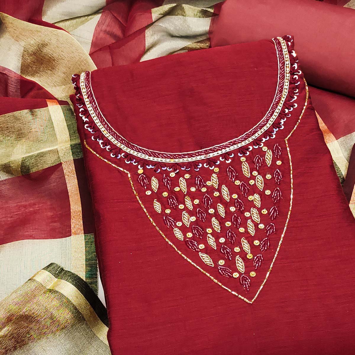 Elegant Maroon Beads & Sequins Handwork Chanderi Cotton Dress Material With Weaving Striped Pattern
