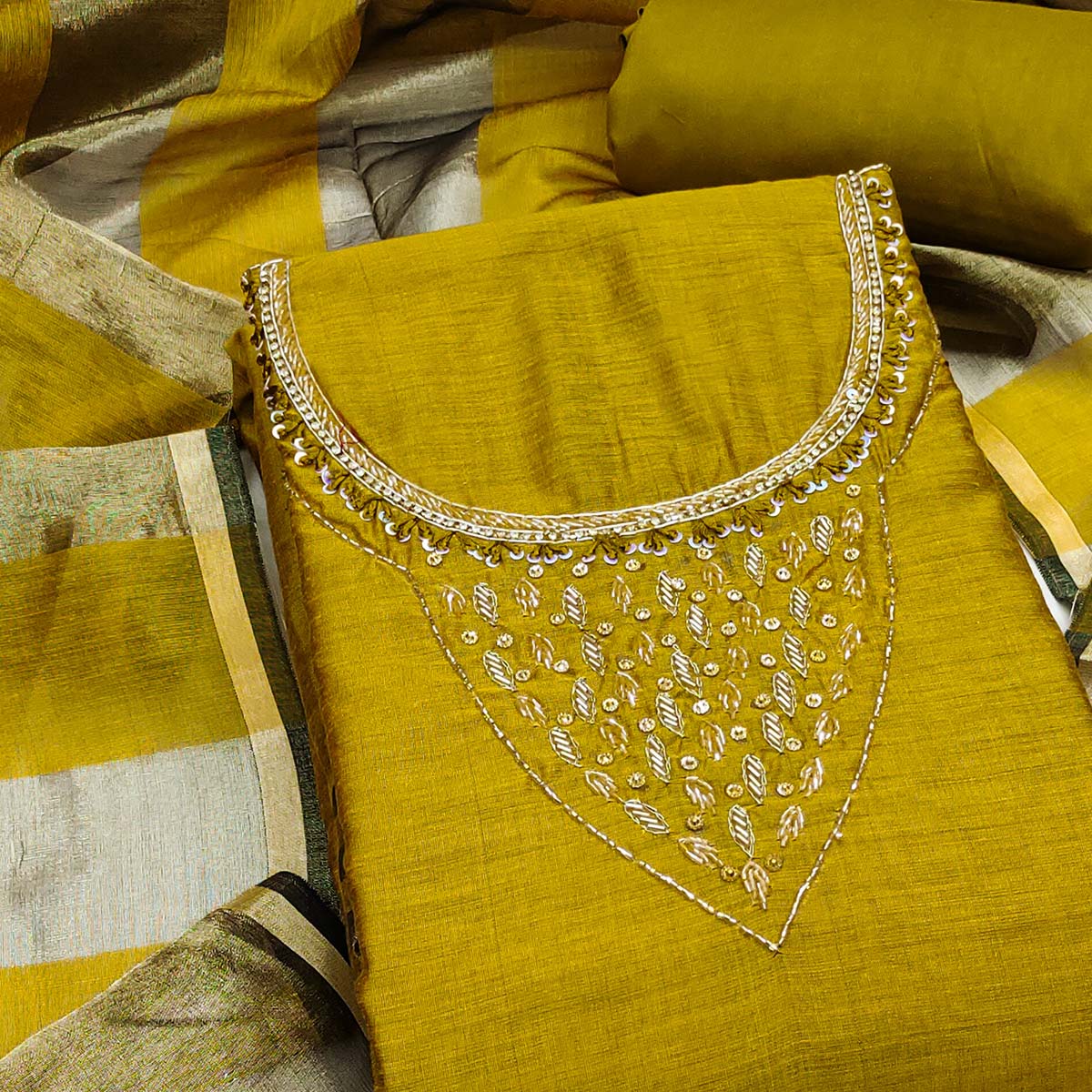 Elegant Mustard Beads & Sequins Handwork Chanderi Cotton Dress Material With Weaving Striped Pattern