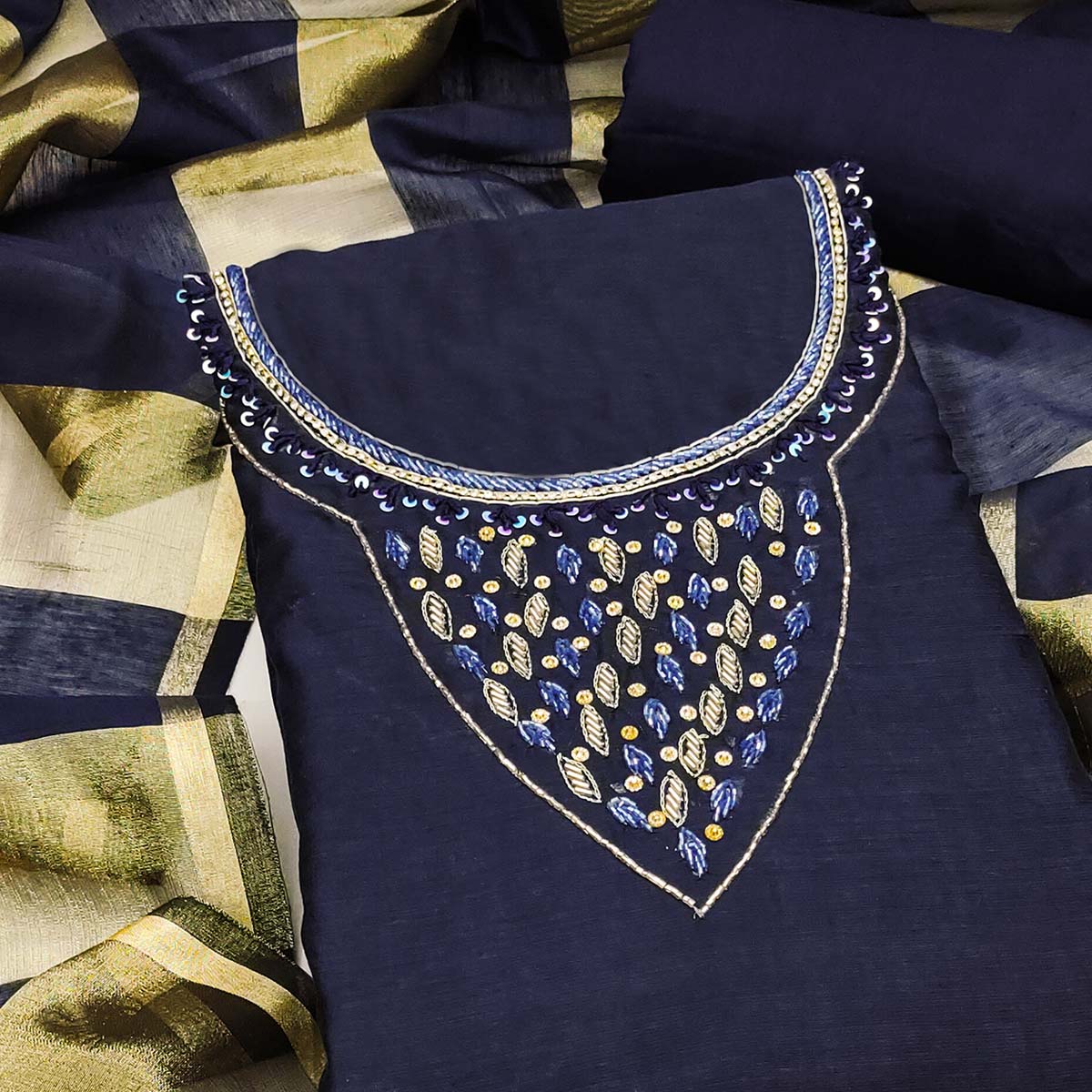 Elegant Navy Blue Beads & Sequins Handwork Chanderi Cotton Dress Material With Weaving Striped Pattern