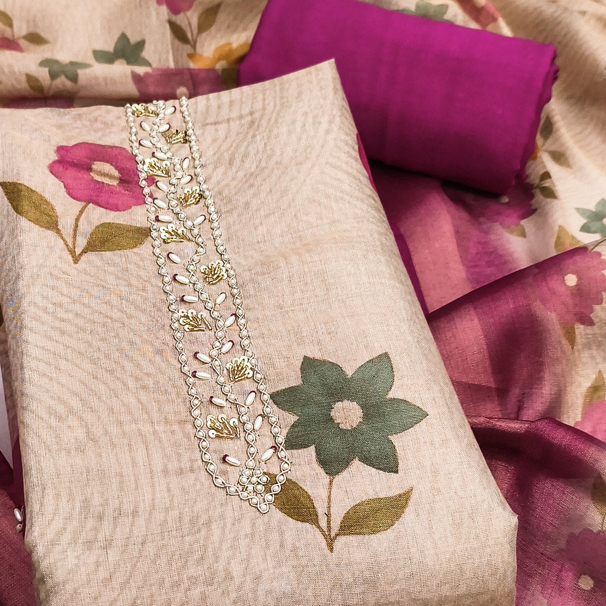 Beige & Magenta Digital Floral Printed Shimmer Dress Material With Pearl & Cutdana Handwork