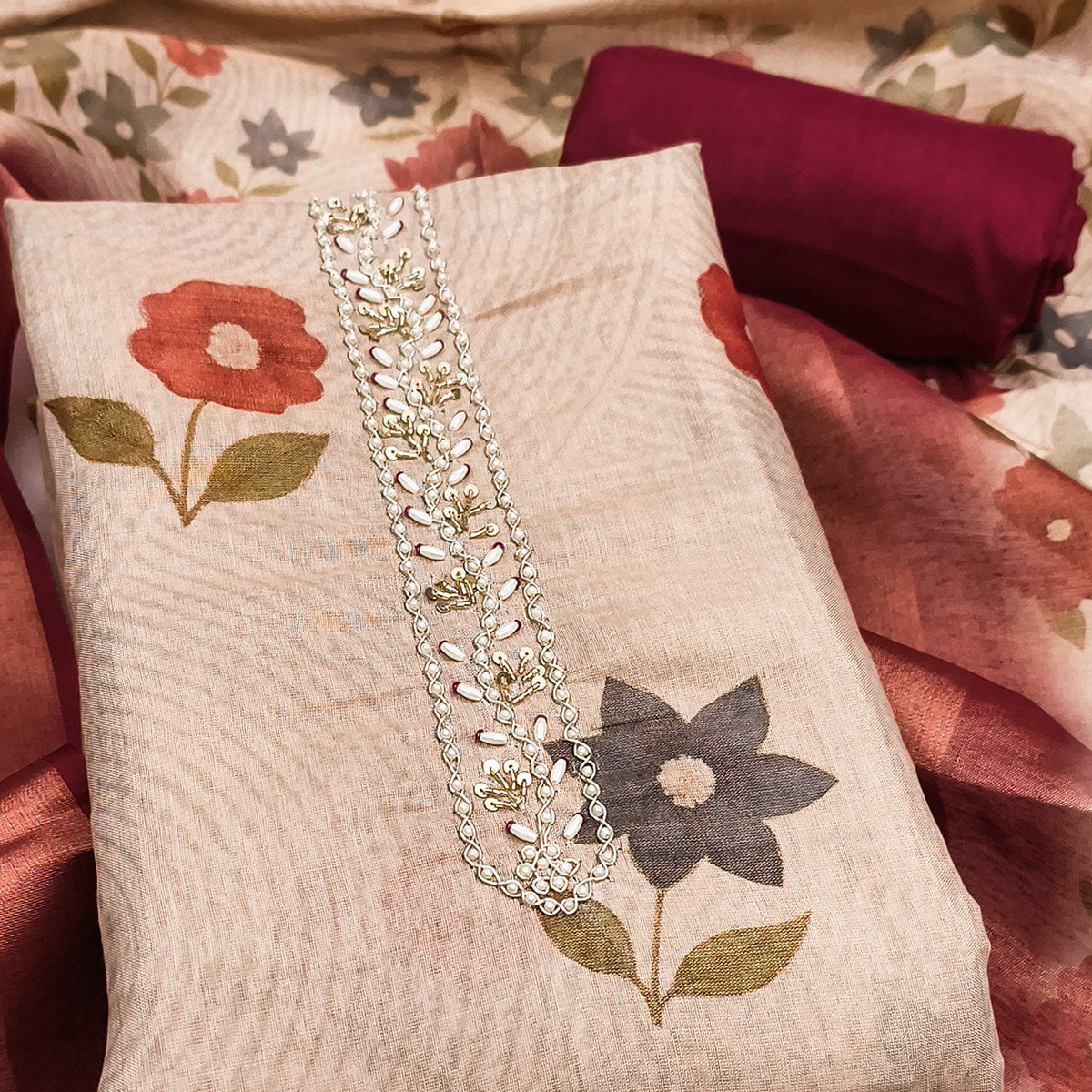 Beige & Maroon Digital Floral Printed Shimmer Dress Material With Pearl & Cutdana Handwork