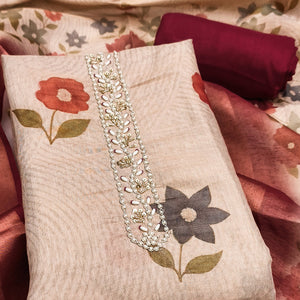 Beige & Maroon Digital Floral Printed Shimmer Dress Material With Pearl & Cutdana Handwork