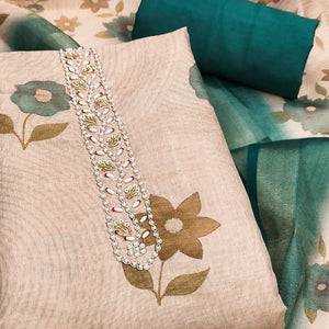 Beige & Teal Digital Floral Printed Shimmer Dress Material With Pearl & Cutdana Handwork