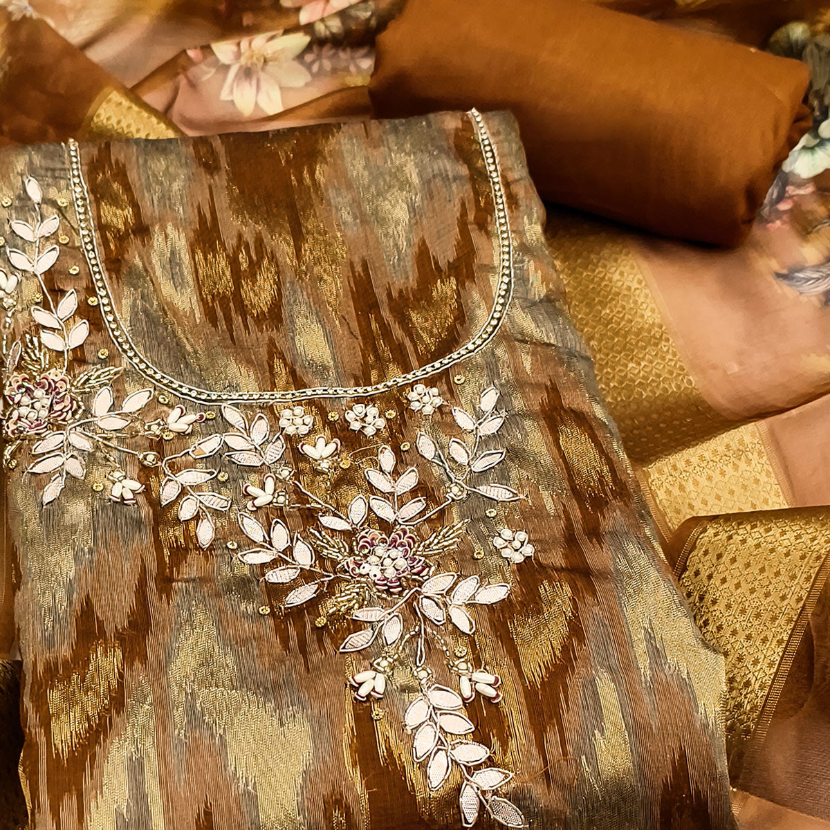 Luxury Dark Mustard Ikkat Woven Viscose Dress Material Adorned With Floral Pearl & Cutdana Handwork