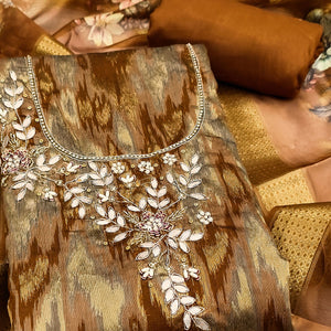 Luxury Dark Mustard Ikkat Woven Viscose Dress Material Adorned With Floral Pearl & Cutdana Handwork