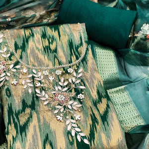 Luxury Teal Green Ikkat Woven Viscose Dress Material Adorned With Floral Pearl & Cutdana Handwork