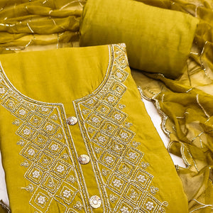 Stylish Mustard Floral Embroidered Viscose Dress Material Showcasing Elegant Cutdana Handwork
