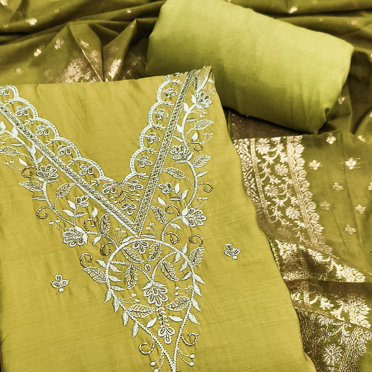 Exclusive Green Floral Embroidery Viscose Dress Material Enhanced With Cutdana Handwork Accents