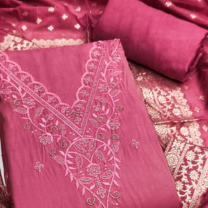Exclusive Pink Floral Embroidery Viscose Dress Material Enhanced With Cutdana Handwork Accents