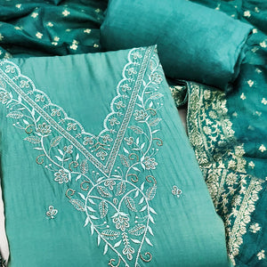 Exclusive Teal Floral Embroidery Viscose Dress Material Enhanced With Cutdana Handwork Accents