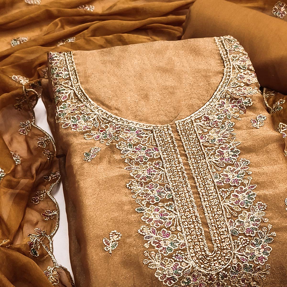 Graceful Light Brown Floral Sequins Embroidered With Handwork Georgette Dress Material