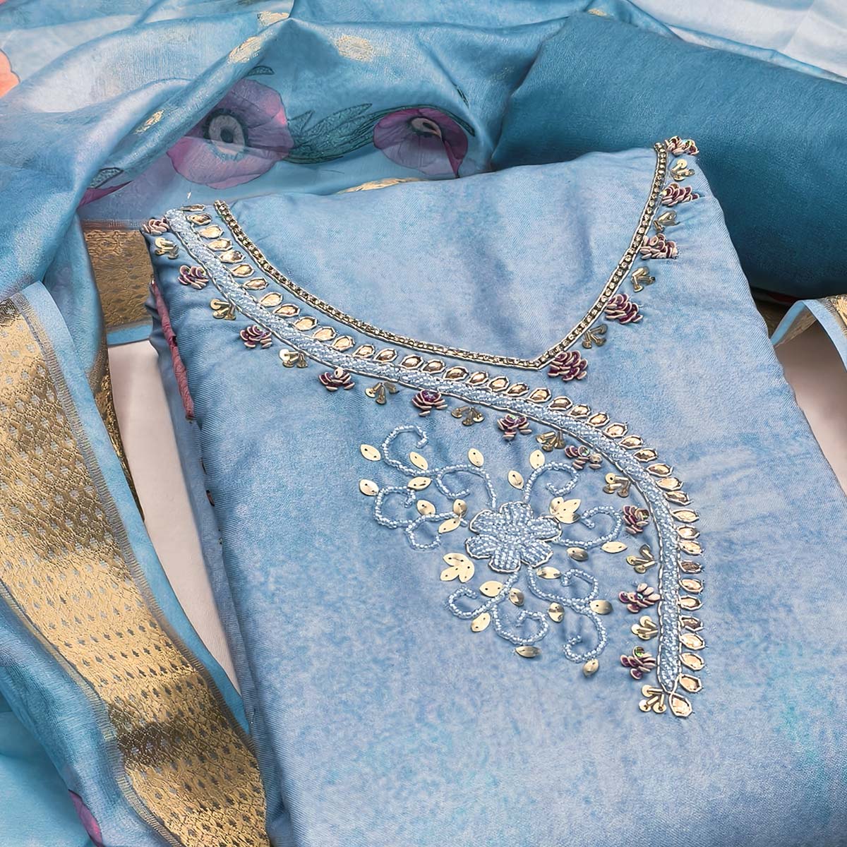 Charming Greyish Blue Floral Digital Printed Rayon Dress Material With Sequins & Moti Handwork