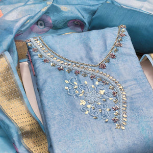 Charming Greyish Blue Floral Digital Printed Rayon Dress Material With Sequins & Moti Handwork