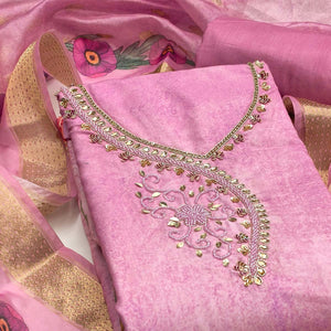 Charming Pink Floral Digital Printed Rayon Dress Material With Sequins & Moti Handwork