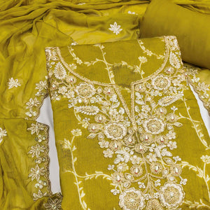 Luxury Green Floral Weaving Banarasi Silk Dress Material With Fine Sequins Cording Hand Embroidery